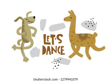 Cute llama and dog dancing illustration with text Lets dance on hand drawn shapes background. Vector flat cartoon illustration for card, poster, nursery, fabric