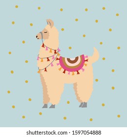Cute llama doodle on the blue background with golden dots pattern. Peruvian alpaca vector illustration. Print design for baby boy product.