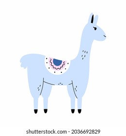 Cute llama in doodle style. Blue alpaca for printing on children clothes and postcards. Poster for nursery. Sticker with lama.