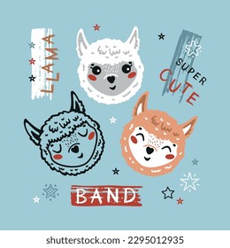 Cute Llama Drawing for Tee Print for Kids. Little Alpaca Heads. Vector Baby Animals