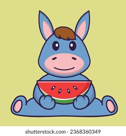Cute llama eating watermelon. Animal cartoon concept isolated. Can used for t-shirt- greeting card- invitation card or mascot.