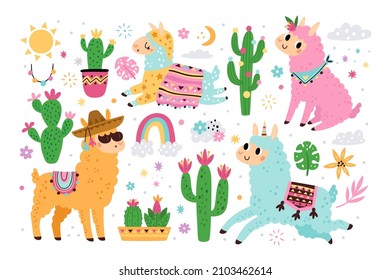 Cute llama elements and cacti. Funny animals with plants, fluffy alpacas with patterned blankets and saddles, peruvian camels and unicorns, childish decor vector cartoon