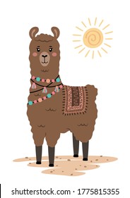 Cute llama with ethnic design elements. Poster for baby room. Childish print for nursery. Design can be used for fashion t-shirt, greeting card, baby shower. Vector illustration.