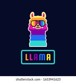 Cute llama with eyeglasses 80's retro illustration vector