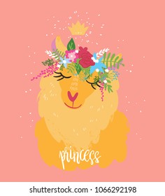 Cute llama with eyes closed wearing flower wreath and crown . Hand lettering princess phrase. Graphic design for print.