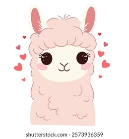 Cute llama face with big eyes, hearts around it. Flat vector illustration in simple childish style