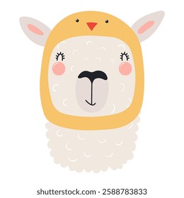 Cute llama face in chick hat Easter character illustration. Hand drawn flat style design, isolated vector. Holiday clip art, seasonal card, banner, poster, kids print element