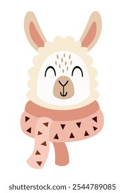 Cute llama face clipart. Winter animal clipart. Winter character. Hand draw vector illustration in flat style