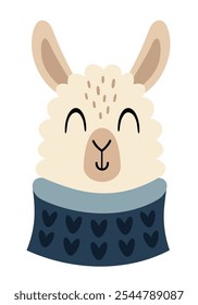 Cute llama face clipart. Winter animal clipart. Winter character. Hand draw vector illustration in flat style