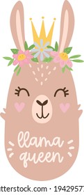 Cara de llama con corona de flores, ilustraciones vectoriales para ducha de bebé, diseño de guardería, afiche, tarjetas de felicitación de cumpleaños, diseño de camisa
