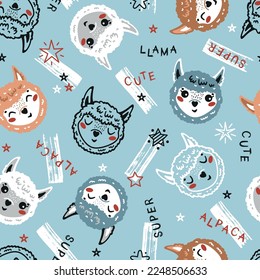 Cute Llama Face Seamless Pattern. Funny Alpaca Head. Vector Cartoon Little Baby Animal. Vector Childish Background for Kids Fashion Design