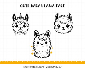 Cute llama face in simple doodle style set. Vector illustration. 