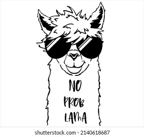 Cute llama face with sunglasses children's t-shirt print. No probllama funny quote.