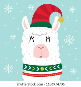 Cute llama face,cute Christmas Character design, vector illustration