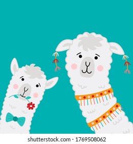 Cute llama faces. Cartoon alpaca. Vector illustration with llama faces for posters, greeting cards, t-shirts, stickers etc.