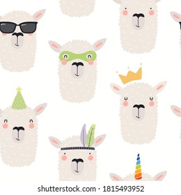 Cute llama faces seamless pattern, unicorn, princess, superhero, on a white background. Hand drawn vector illustration. Scandinavian style flat design. Concept kids textile, fashion print, wallpaper.