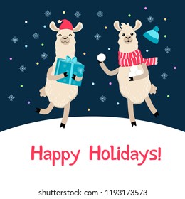 Cute llama fall Christmas card. Alpaca cartoon winter greeting card.