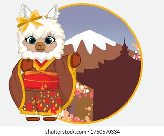 Cute llama fall illustration with kimono dress and mount fuji. Alpaca cartoon autumn greeting card.