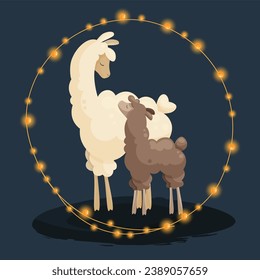 Cute llama family, mother llama with baby. Happy alpaca family surrounded by garland and lights. Vector illustration design for cards for family day, mothers day, parents day, birthday, gender party.