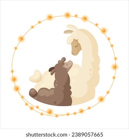 Cute llama family, mother llama with baby. Happy alpaca family surrounded by garland and lights. Vector illustration design for cards for family day, mothers day, parents day, birthday, gender party.