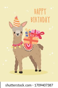 Cute llama in a festive cap. Illustration for birthday card.