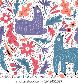 Cute llama flat hand drawn seamless pattern