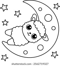 A Cute llama floating on moon with stars, whimsical and playful design