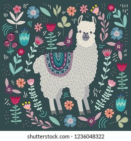 Llama cortada con elementos florales, para la carta y su diseño. Vector de doodles planos de dibujo manual Ilustración