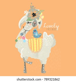 Cute llama with floral wreath, flowers bouquet, pom poms (pom-pom, pompom) and blue adorable little baby bird. Lovely friends animals