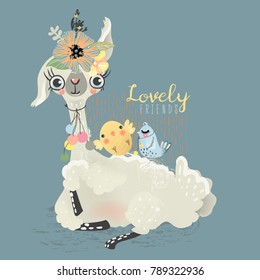 Cute llama with floral wreath, flowers bouquet, pom poms (pom-pom, pompom) and yellow and blue adorable little baby birds. Lovely friends animals