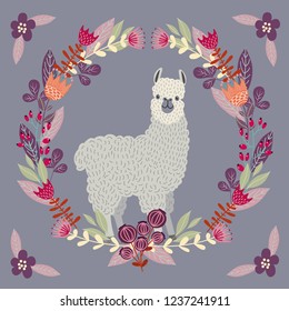 Cute llama with floral wreath in pastel color , template for card and your design. Hand drawing flat doodles vector Illustration