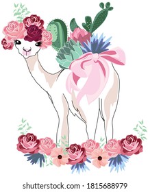 Cute llama with flowers and cacti. Vector illustration for a t-shirt