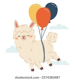 Cute llama flying on balloons. Flat vector illustration in simple childish style 