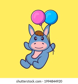 Cute llama flying with two balloons. Animal cartoon concept isolated. Can used for t-shirt, greeting card, invitation card or mascot.