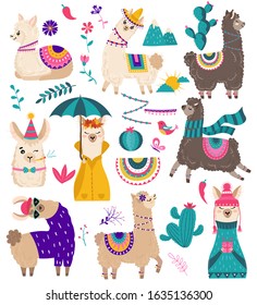 Cute llama, funny alpaca cartoon characters vector illustration. Set of isolated icons and stickers with animals. Adorable llama in sweater and hat, flat style stickers for children