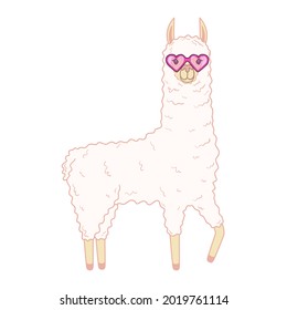 Cute llama with funny glasses. Vector illustration isolated on white background