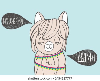 Cute llama and funny lettering phrase: No drama, llama. It can be used for sticker, patch, phone case, poster, t-shirt, mug and other design.