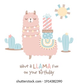 Cute llama with gift boxes, cacti, and sun illustrations on white background. Punny birthday message. 