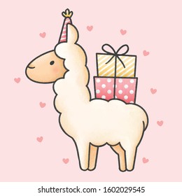 Cute llama and gift boxes cartoon animal character vector. Cartoon character design.