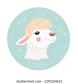 Cute llama girl on blue background, for nursery design, poster, greeting, birthday card, baby shower, Valentine's day. Love text with heart decor