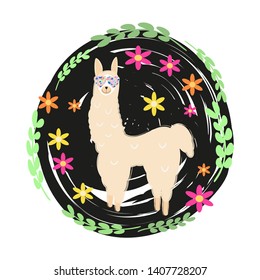 Cute llama with glasses, flowers and green leaves