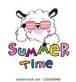 Cute llama with glasses and the inscription summertime