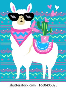 Cute Llama with glasses vector illustration. Print for children's textiles, poster design, nursery. 