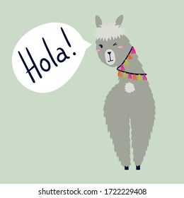 Cute llama greeting card. Lama turns around and says Hola! Funny flat cartoon animal character illustration with text. Beautiful birthday baby card, t-shirt print with fluffy alpaca.