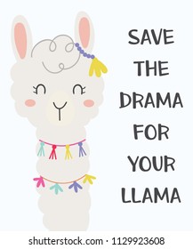 Cute llama. Hand drawn art. Design for card, sticker , fabric textile, t shirt. Children, kid modern trendy style