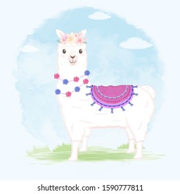 Cute Llama hand drawn cartoon illustration watercolor background