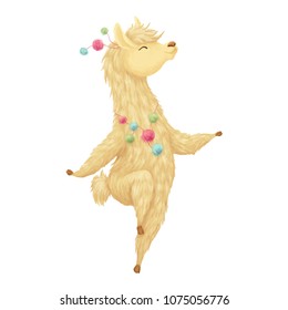 Cute llama hand drawn print. Alpaca walks and jumps. Illustration for birthday party, kids print or childish design.
