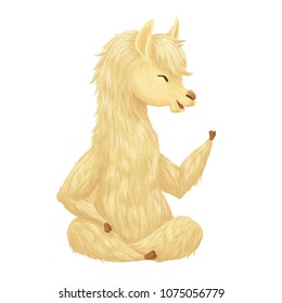 Cute llama hand drawn print. Alpaca sits and smiles. Illustration for birthday party, kids print or childish design.