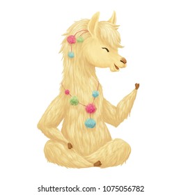 Cute llama hand drawn print. Alpaca sits and smiles. Illustration for birthday party, kids print or childish design.
