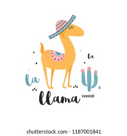 Cute llama in a hat and cacti isolated on a white background. Childish illustration in vector.